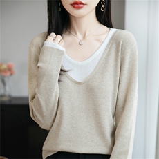 法式假两件针织衫女2025新款长袖保暖打底毛衣小衫洋气拼色毛衣潮，女装针织衫/毛衣，菲奥羊绒