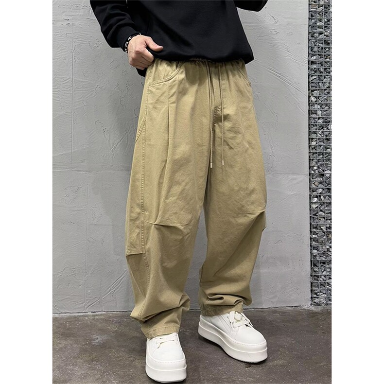 抖音得物纯色简约休闲裤男日系复古宽松束脚口袋装饰工装裤AK10,男装工装外套,电商A443