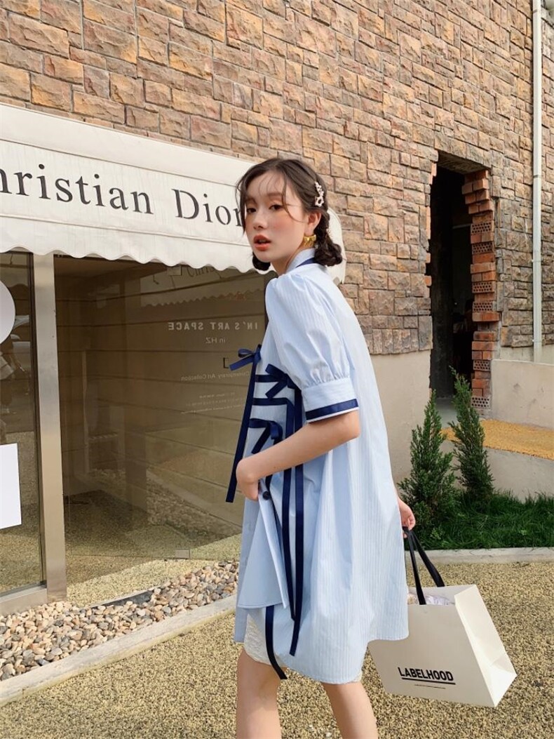 蓝色蝴蝶结衬衣裙，女装，YOUER DENG