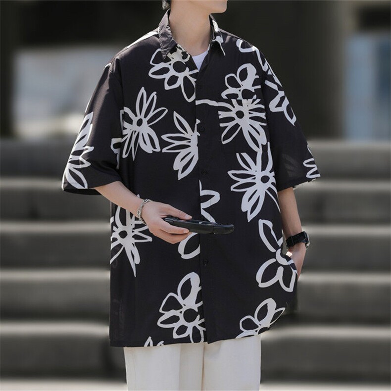 2025夏装花朵印花短袖冰丝衬衫男潮流休闲衬衣 C309P35图片