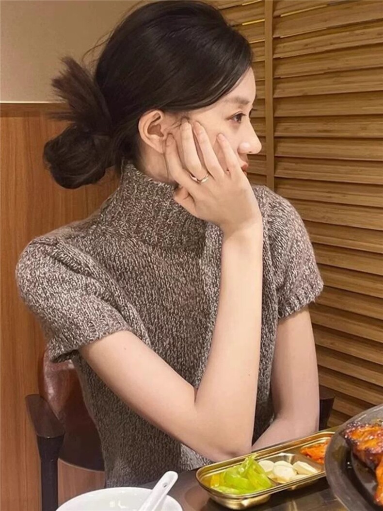 加厚气质慵懒风高领针织短袖毛衣女秋季高级感内搭半袖打底衫上衣,针织衫/毛衣,朝辰羊绒