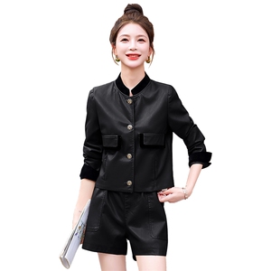 时尚休闲套装女2024年春秋新款洋气减龄气质小个子皮衣短裤两件套图片