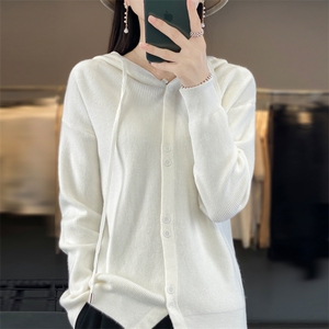 欧货针织开衫女春秋冬新款2023爆款宽松休闲连帽针织卫衣毛衣外套图片