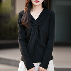 2025年秋季新款百搭女士慕斯双面绒领口扭结上衣，女装针织衫/毛衣，圣丽羊绒