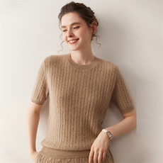 2025年秋季常规不连帽修身型短袖圆领麻花短袖时尚百搭通勤，女装T恤，溪贝羊绒