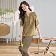 LIGHTMATURE半袖上衣女高端亚麻t恤女宽松短款2025新款白色短袖，女装套装/套裙，3200格调