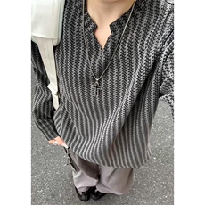 美式高街千鸟格子长袖T恤男女亨利V领英伦雅痞休闲宽松长袖打底衫，男装T恤，电商A486