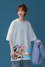 中性夏季2022美式潮宽松个性印花情侣百搭短袖T恤T1009P25控38，男装T恤，A247A