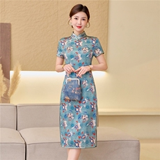 杭州品质真丝长裙复古印花连衣裙女春夏日常修身潮流真丝旗袍，女装汉服/婚纱/旗袍/礼服，小荷流