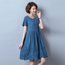 2021年夏季圆领纯色宽松腰时尚印花短袖简约百搭淑女中长款，女装连衣裙，独衣靓