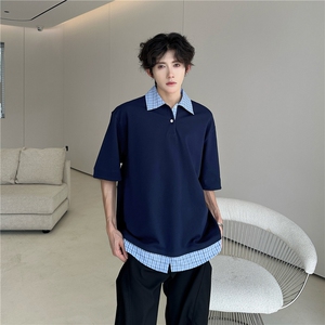 藏青色假两件短袖男款夏季潮牌衬衫拼接t恤重磅美式学院风polo衫图片