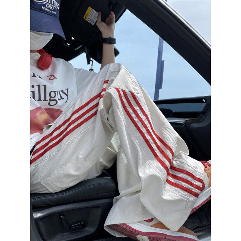 美式条纹休闲裤男秋季慵懒风撞色拼接设计感直筒裤复古显瘦弯刀裤,男装休闲裤,电商B315