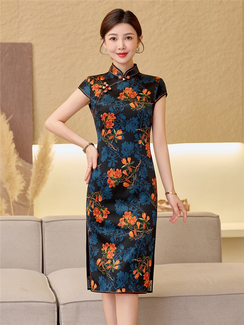 杭州品质真丝中长裙复古印花连衣裙女春夏日常修身潮流真丝旗袍,女装汉服/婚纱/旗袍/礼服,小荷流