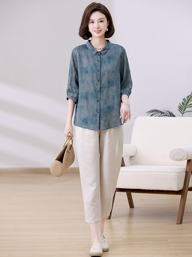 苎麻上衣亚麻裤套装女2024新款妈妈减龄穿搭两件套,女装套装/套裙,忆绮罗