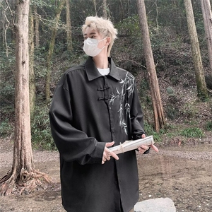新中式风盘扣刺绣长袖衬衫男装设计唐装道袍衬衣外套春 C4539图片