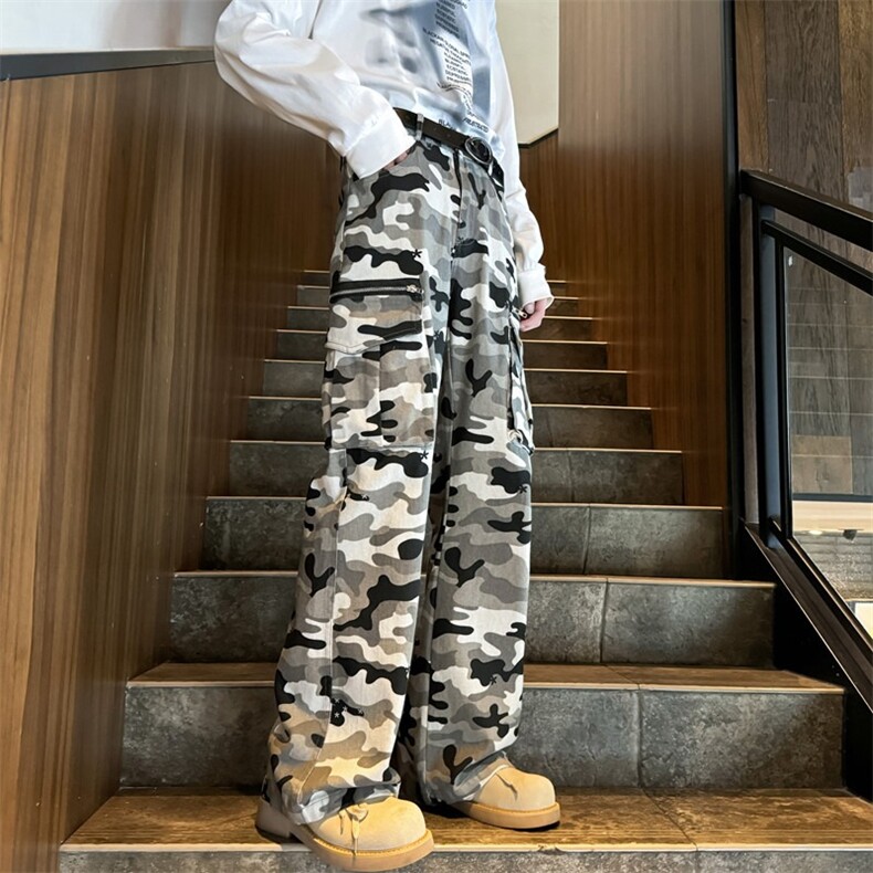 水洗做旧迷彩拉链立体口袋休闲宽松百搭工装牛仔裤,男装牛仔裤,星座1013