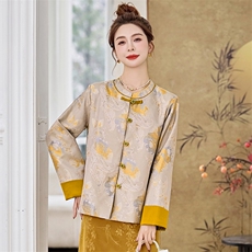 闺舍2025春季新款新中式国风宋锦金线提花真丝盘扣外套女立领撞色，女装短外套，衣之秀