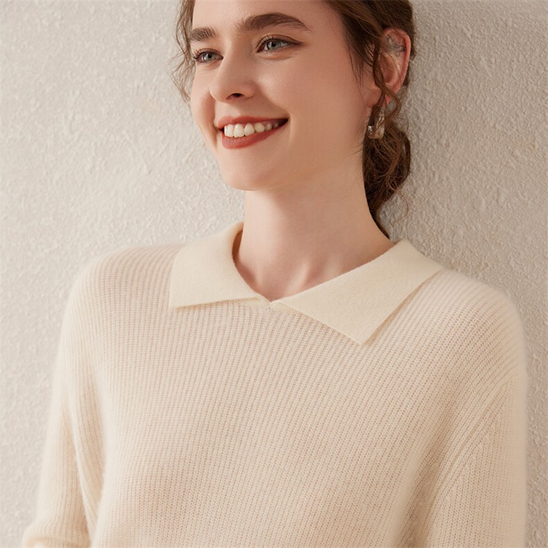 气质入髓翻领100纯山羊绒衫女polo领抽条毛衣修身打底衫紧身上衣，女装羊绒衫，轩妮羊绒