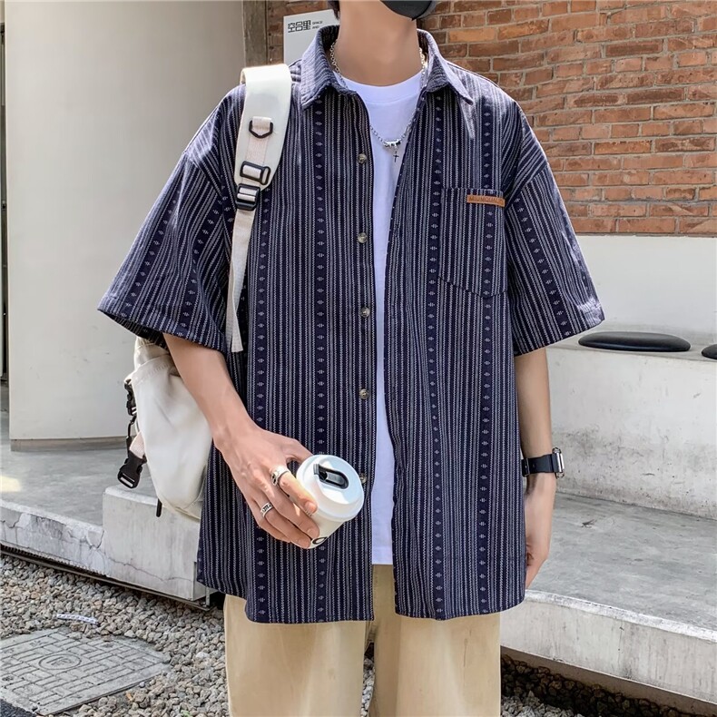 夏季新款日系复古设计感小众短袖条纹衬衫男休闲宽松衬衣图片