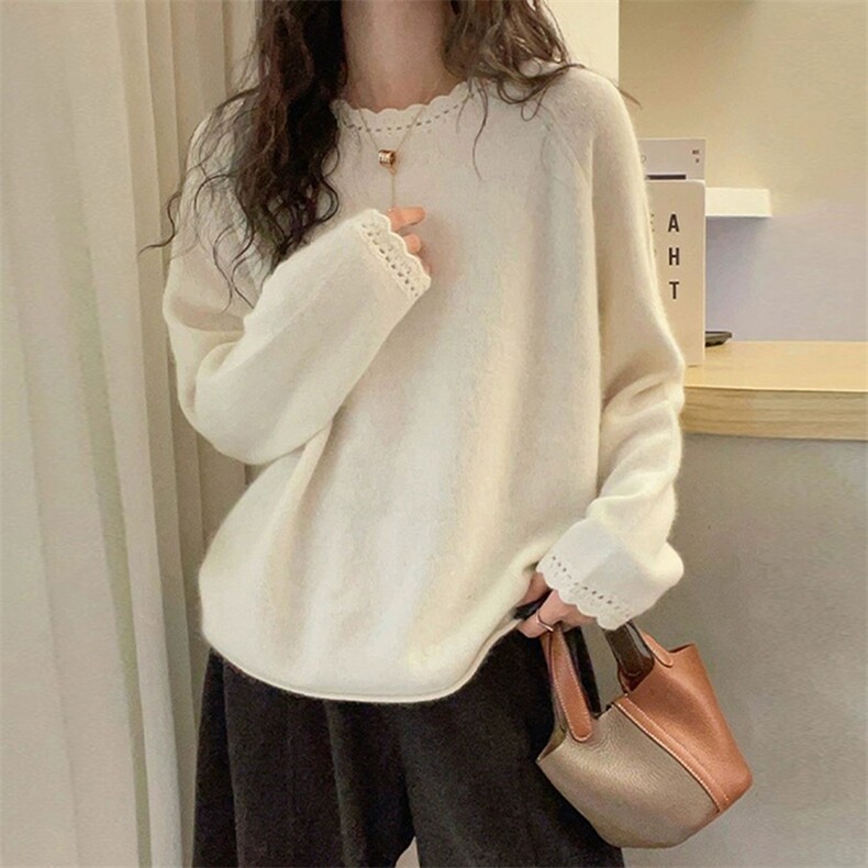 2025年秋季时尚百搭通勤简约休闲花边圆领套头，女装羊毛衫，新胜羊绒
