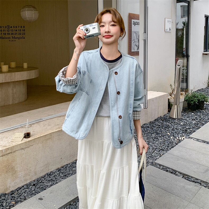 蓝色小个子格纹拼接牛仔外套女2025春新款设计感圆领休闲宽松上衣,女装短外套,2C277