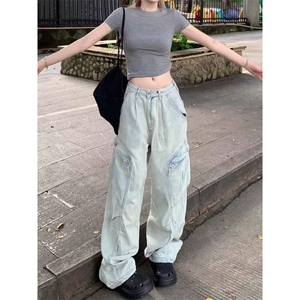 DN0092-P60春秋水洗多口袋工装牛仔裤男女宽松解阔腿裤-网图现货图片