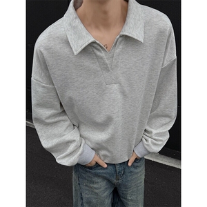 GENIOLAMODE宽松卫衣男女秋季潮牌美式v领长袖polo衫纯色百搭休闲图片