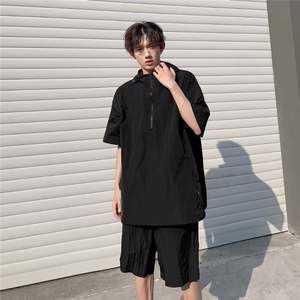 夏季男士日系风套装工装款短袖短裤休闲宽松外套衬衣薄款连帽图片