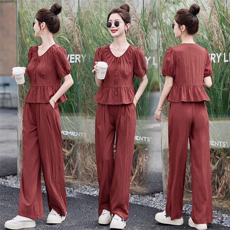 2026春夏季休闲气质显瘦显高泡泡袖短袖套裤时尚套装两件套，女装套装/套裙，尚洛菲