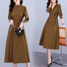 新款长袖风衣式连衣裙女春秋新款收腰显瘦复古气质风衣裙送腰带，女装连衣裙，韩美纤衣