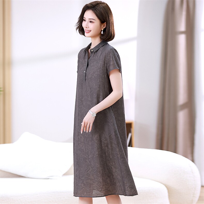 气质翻领印花连衣裙女夏季2024新款中年妈妈宽松气质休闲直筒裙子,女装连衣裙,江忆布依