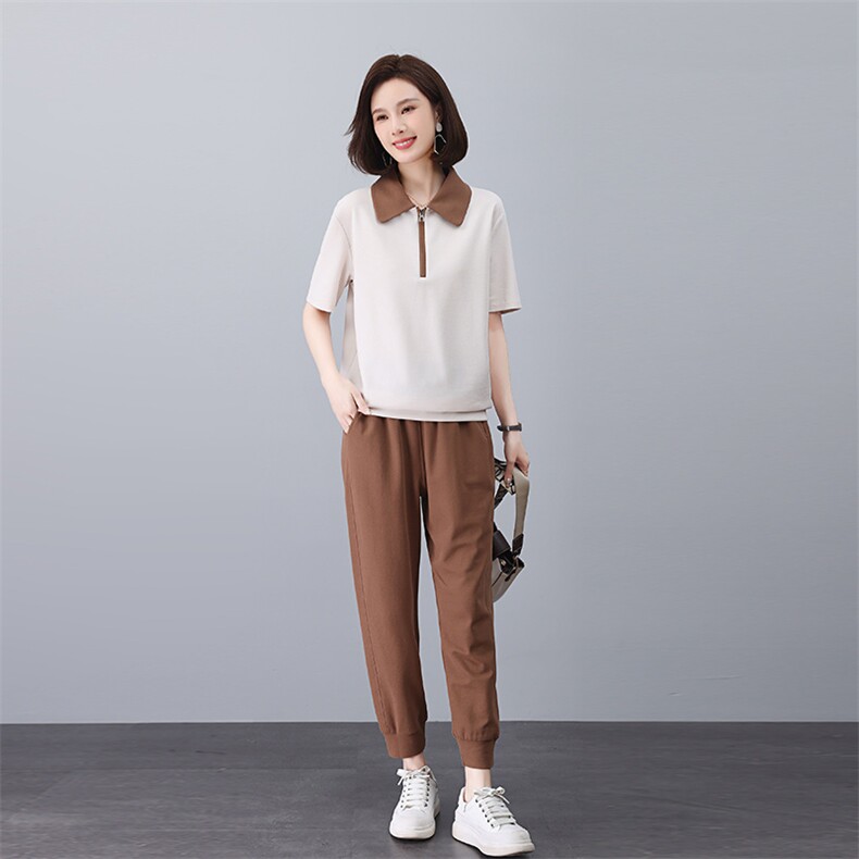 时尚方领撞色拼接T恤套装显瘦百搭休闲两件套,女装套装/套裙,依倍林