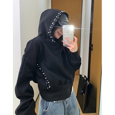 秋季美式小众设计钉珍珠短款连帽外套女复古修身黑色夹克WY206，男装夹克，星座1116A（原606A-3）