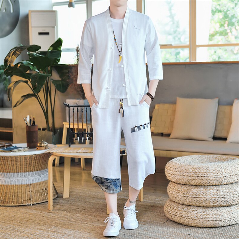夏季亚麻男士七分裤风套装开衫休闲运动衫A266-1-TZ4058-P75,男装休闲套装,电商A266-1