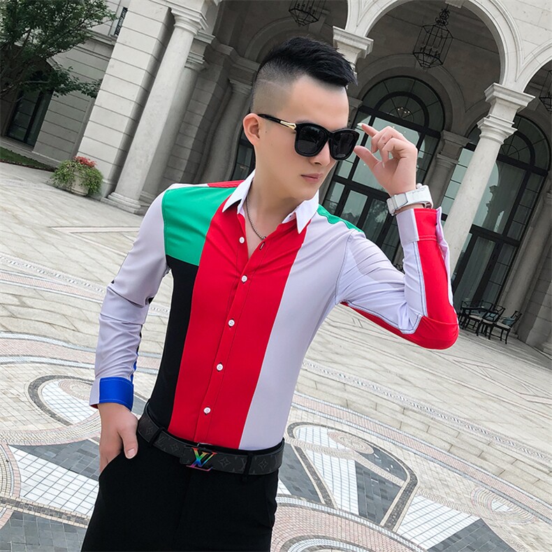 2021春秋衬衫社会男长袖上衣拼接男装韩版修身四季潮流衬衣Q854-P55,男装衬衫,星座419（原A233）