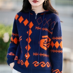 100%纯羊毛连帽开衫女加厚拉链拼色提花针织毛衣宽松慵懒羊毛外套图片