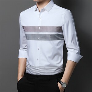 衬衫2023秋季新款竹纤维中年男士休闲时尚方领长袖印花衬衣男装图片