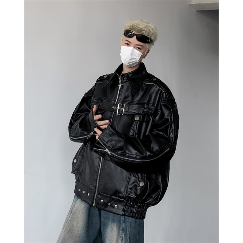 美式复古高街白色皮衣外套男秋款潮牌小众高级感短款机车服夹克,男装夹克,星座410-7