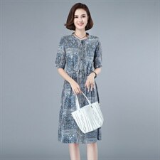 中长款连衣裙夏2021新款韩版通勤印花复古a字裙立领短袖套头裙子，女装连衣裙，伊满意