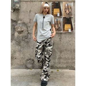 美式迷彩裤微喇显瘦大口袋宽松休闲复古拖地vibe工装长裤图片