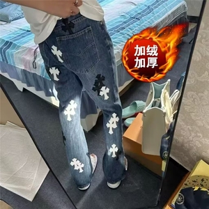 1506-1/KCD081/P69原创高街水洗拼皮复古直筒宽松牛仔裤男女图片