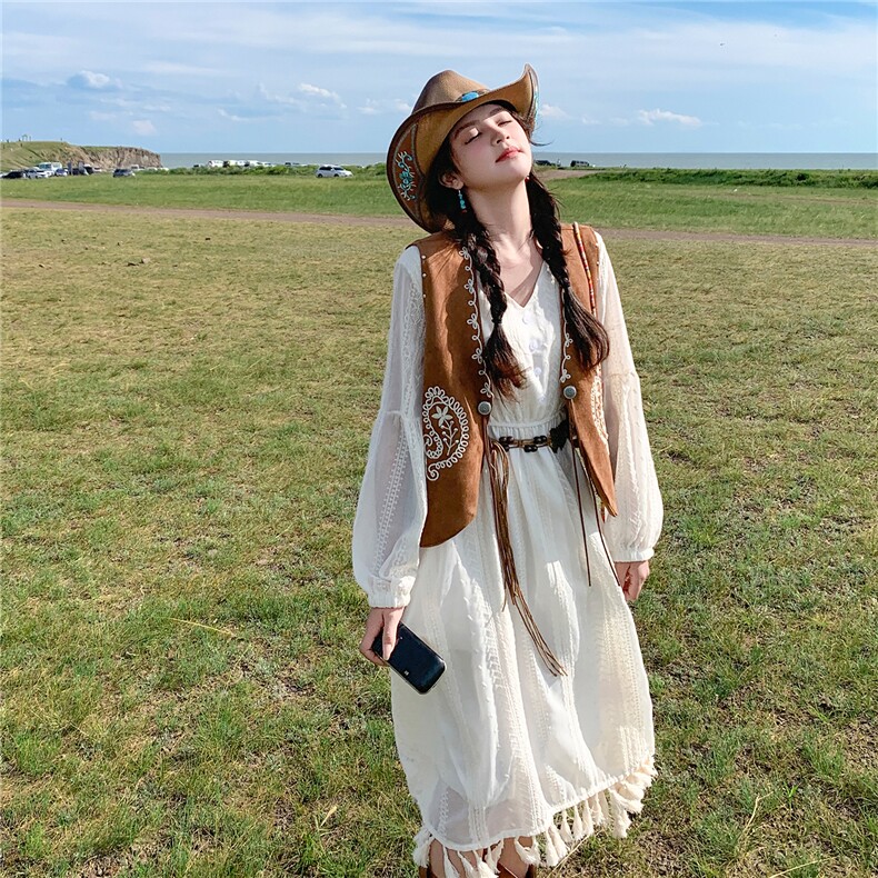 游牧风刺绣马甲流苏连衣裙套装女2025秋季新款法式温柔系初恋长裙,女装套装/套裙,2C293