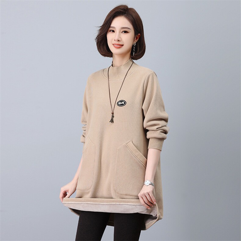 时尚加绒连衣裙女冬季新款宽松显瘦长袖针织衫气质百搭毛衣裙，女装连衣裙，鑫鑫格