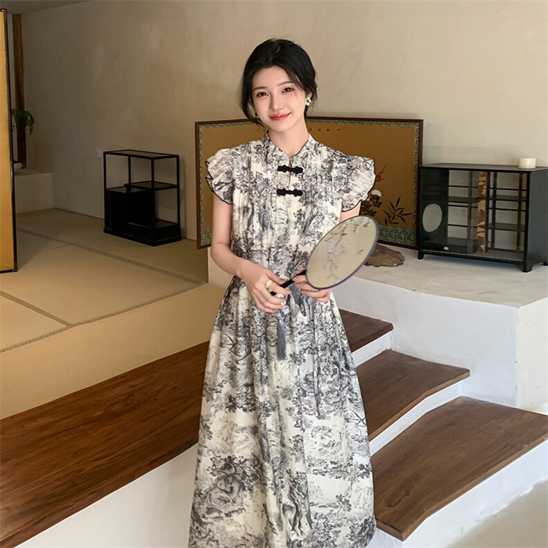 飞飞袖水墨画碎花连衣裙女夏新中式国风盘扣气质洋气时髦a字裙,女装连衣裙,2C105