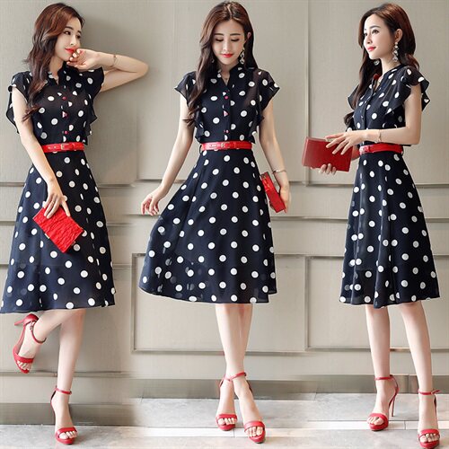 连衣裙通勤V领中腰套头2022年夏季短袖气质清新中长款搭配，女装连衣裙，火爆靓佳人