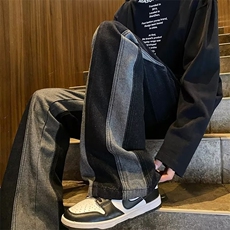 做旧拼色牛仔裤男春秋季美式hiphop宽松潮牌高街微喇裤子RC97-P47，男装牛仔裤，星座1008-1