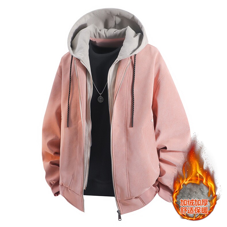 25冬连帽假两件加绒加厚潮宽松大码外套-加绒531-小码85-大码90，女装短外套，星座1105