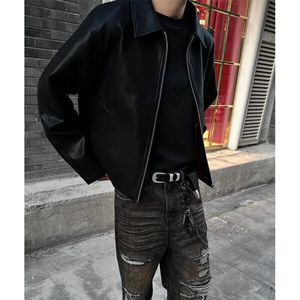 新款肌理PU皮短宽黑色皮衣Cleanfit男夹克外套 PB962图片