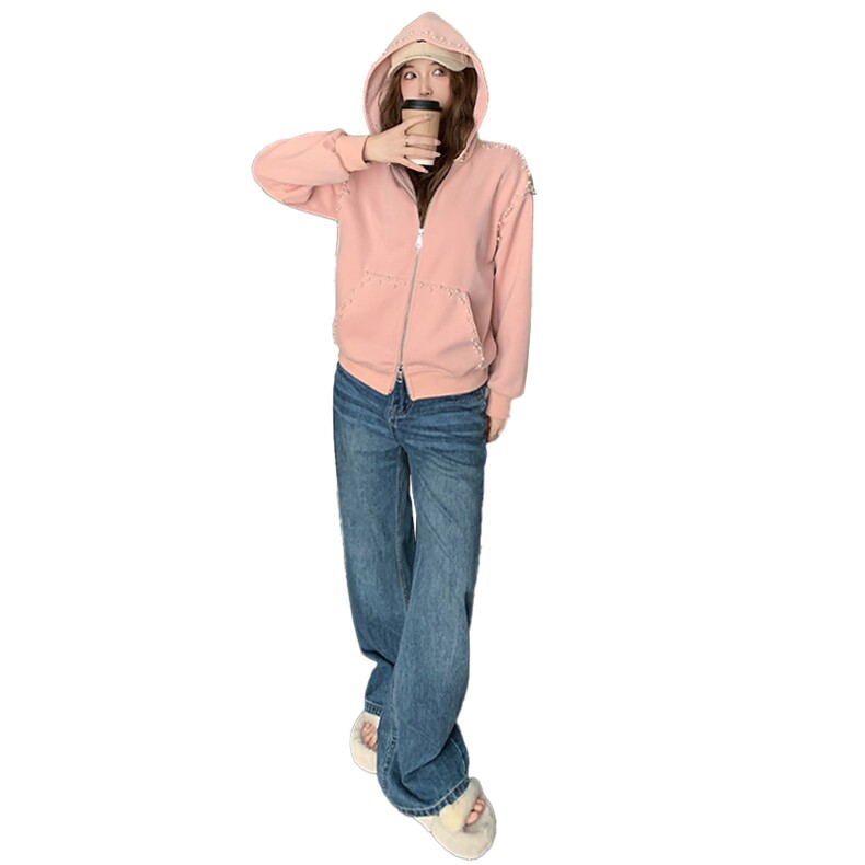 女春季新款粉色连帽开衫长袖卫衣两件套女装,女装套装/套裙,江南
