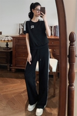 韩版时尚休闲运动套装女夏季新款显瘦拼接短袖上衣直筒长裤两件套，女装套装/套裙，2C310